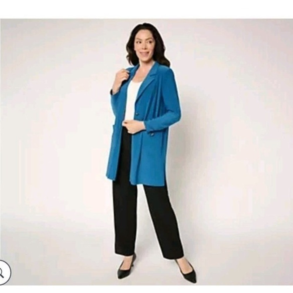 NWT Susan Graver Blazer Duster Jacket Womens 2X Plus Blue LK Luxe Knit Button